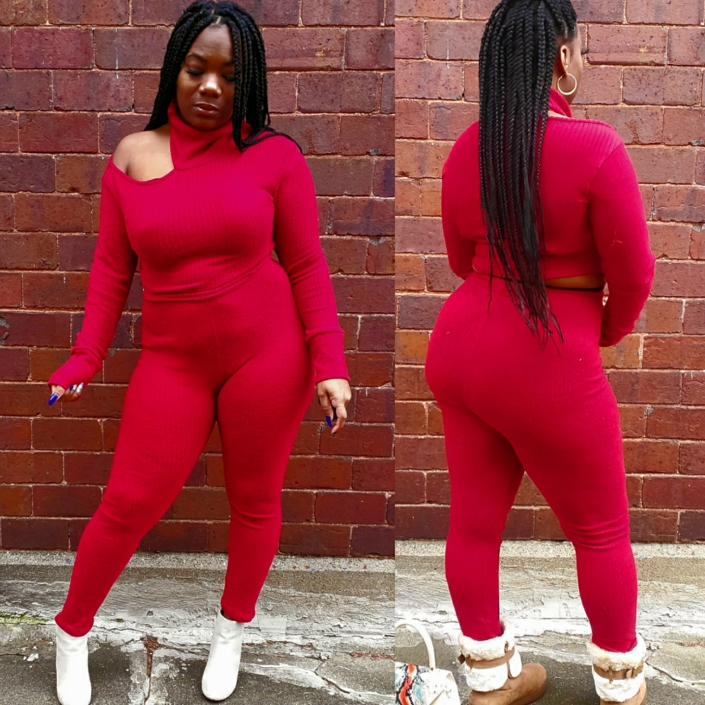 Longsleeve Sexy Cold Shoulder Red Two Piece Set